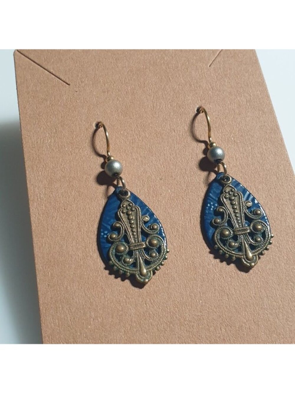 Blue Teardrop Dangle Earrings Boho Bali Beach Core Metal Hook 1.5 In Handmade